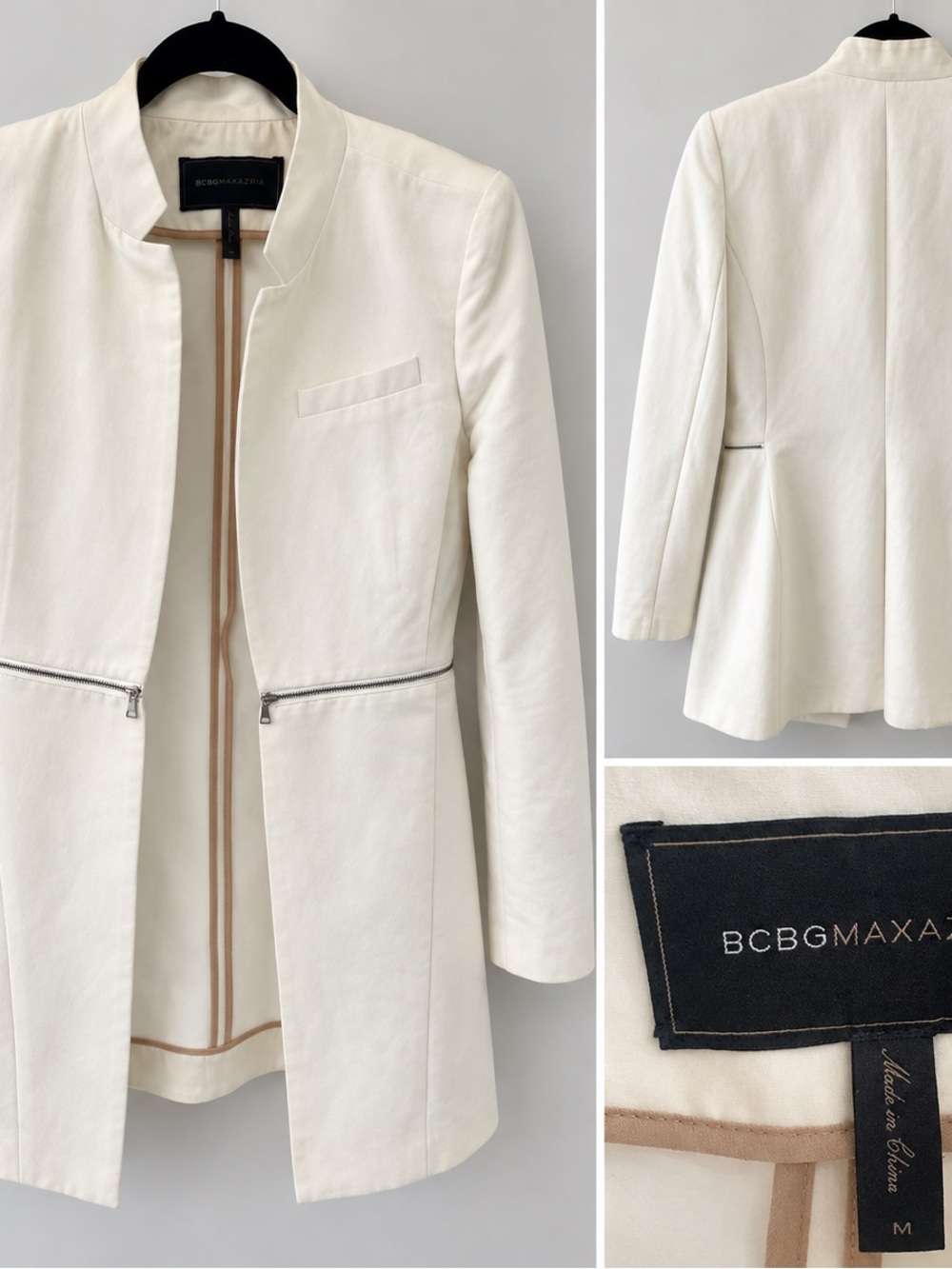BCBGMaxAzria Cream Collarless Blazer with Zip Detail